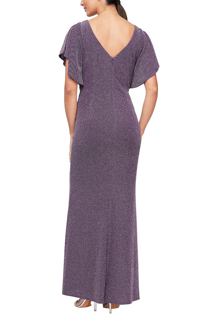 Long Flutter Sleeve Metallic Knit Dress with Ruched Waist Detail & Front Slit - alexevenings.com