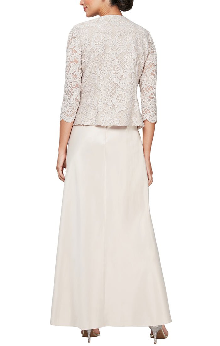 Long Glitter Lace & Satin Jacket Dress with Open Jacket and Scoop Neck Bodice - alexevenings.com