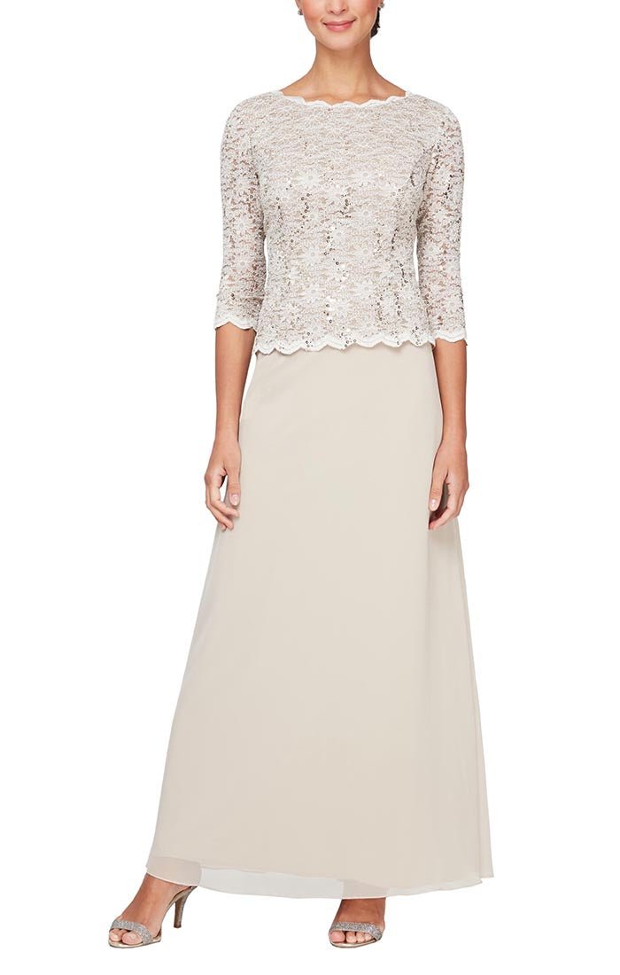 Long Gown with Sequin Lace Bodice & Chiffon Skirt - alexevenings.com