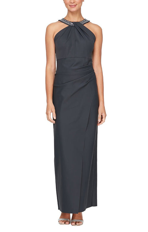 Long Halter Neck Column Dress with Embellishment at Neck and Overlay Skirt - alexevenings.com