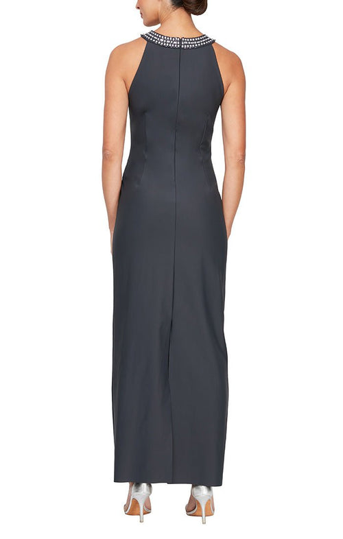 Long Halter Neck Column Dress with Embellishment at Neck and Overlay Skirt - alexevenings.com