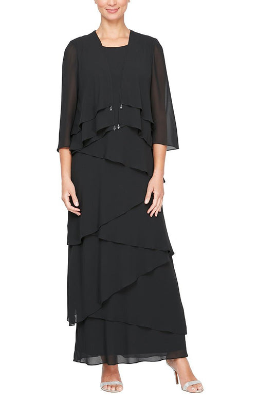 Long Jacket Dress With Asymmetric Tiered Tank Dress and Tiered Open Jacket with Crystal Drop Embellishment - alexevenings.com