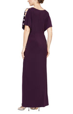 Long Knot Front Jersey Dress with Front Slit & Embellished Sleeve Cutouts - alexevenings.com