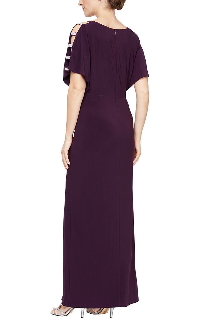 Long Knot Front Jersey Dress with Front Slit & Embellished Sleeve Cutouts - alexevenings.com