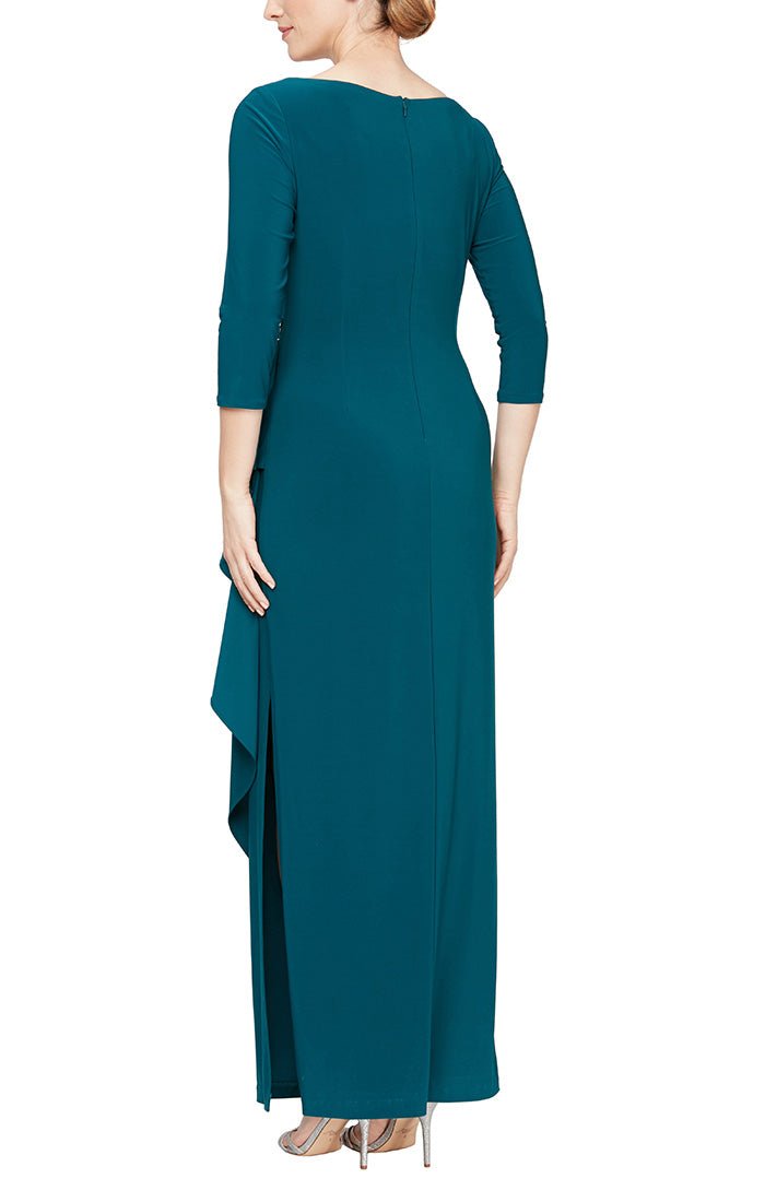 Long L-Neck Dress with Side Ruched Cascade Detail Skirt - alexevenings.com