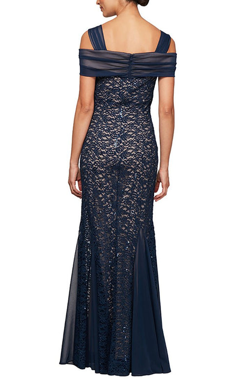 Long Lace Fit & Flare Cold Shoulder Dress - alexevenings.com