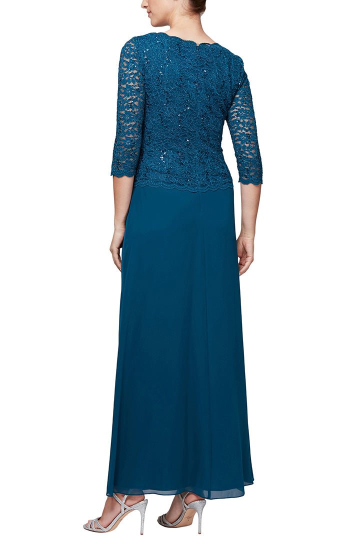 Long Lace Mock Dress with Chiffon Skirt and Sequin Detail on Bodice - alexevenings.com