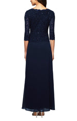 Long Lace Mock Dress with Chiffon Skirt and Sequin Detail on Bodice - alexevenings.com