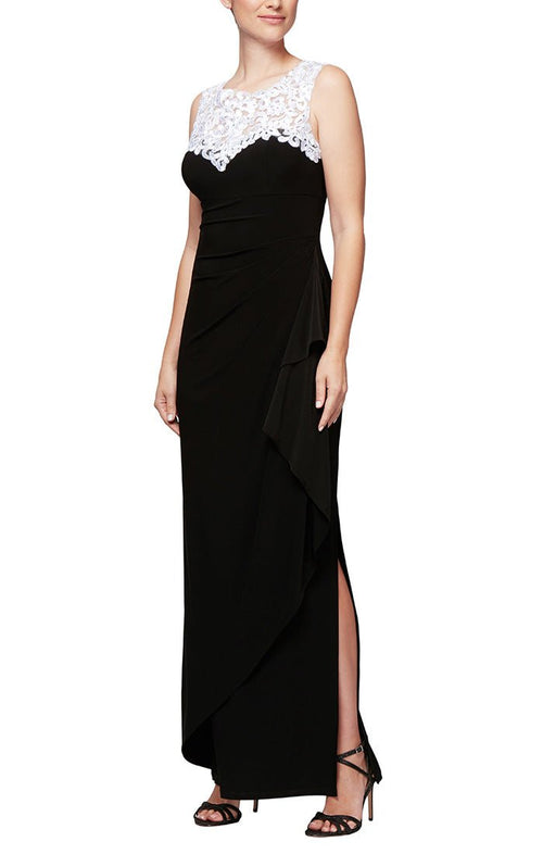 Long Matte Jersey Cap Sleeve Gown with Side Ruched Detail and Embroidered, Embellished Illusion Neckline - alexevenings.com