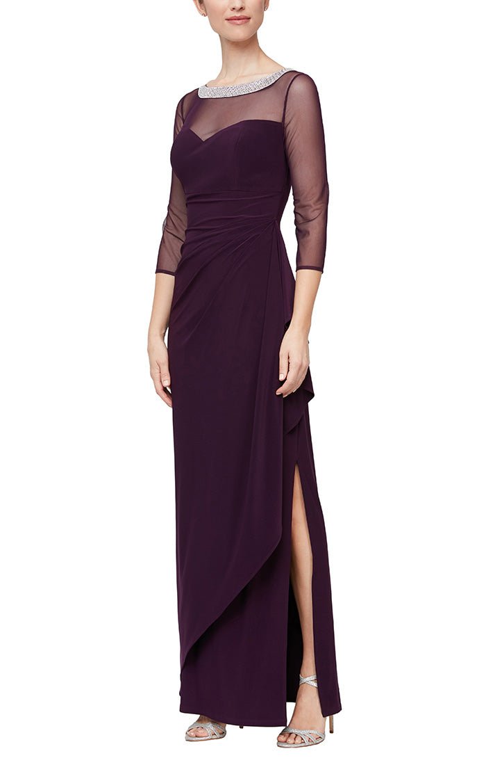 Long Matte Jersey Illusion 3/4 Sleeve Side Ruched Dress with Embellished Neckline - alexevenings.com