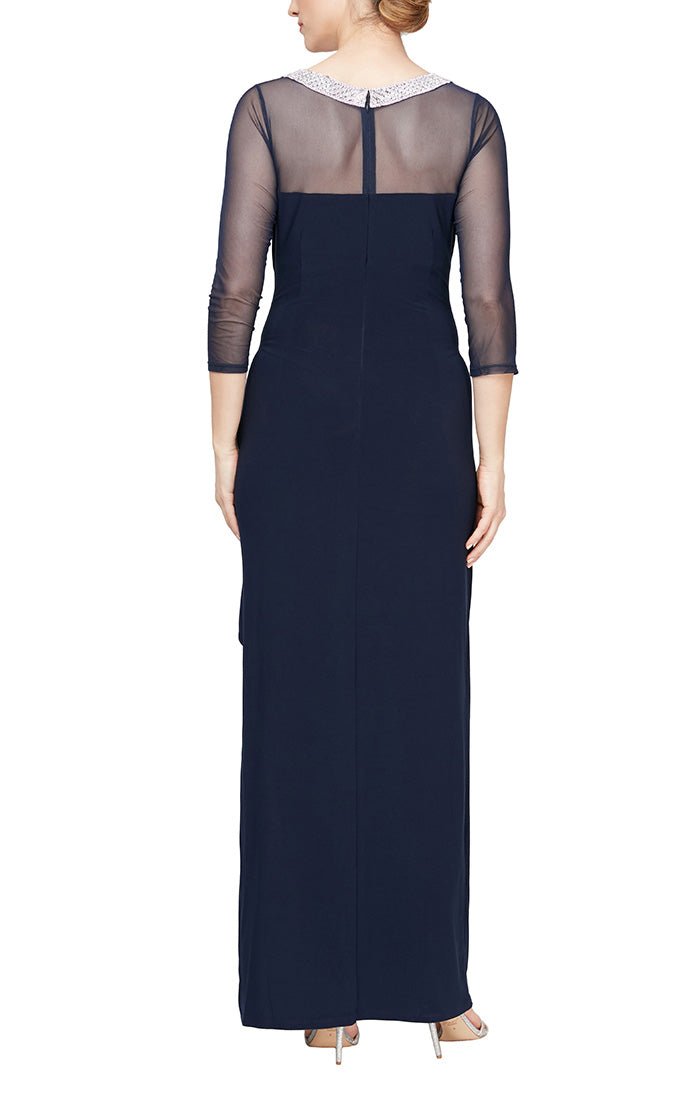 Long Matte Jersey Illusion 3/4 Sleeve Side Ruched Dress with Embellished Neckline - alexevenings.com
