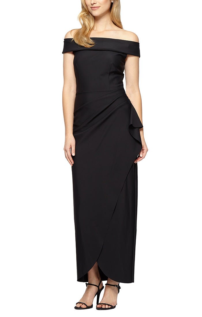 Long Off-the-Shoulder Column Gown with Cascade Ruffle at Hip - alexevenings.com
