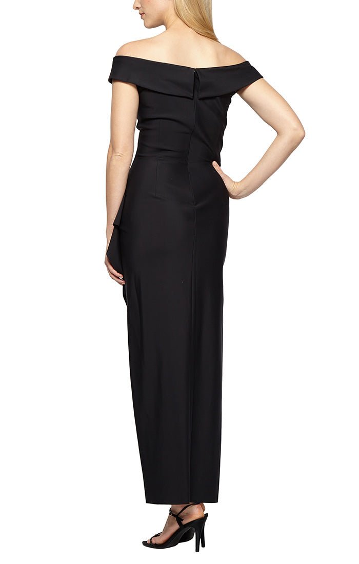 Long Off-the-Shoulder Column Gown with Cascade Ruffle at Hip - alexevenings.com