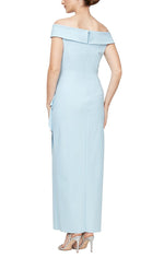 Long Off-the-Shoulder Compression Collection Dress with Cascade Ruffle Skirt & Embellishment Detail at Hip - alexevenings.com