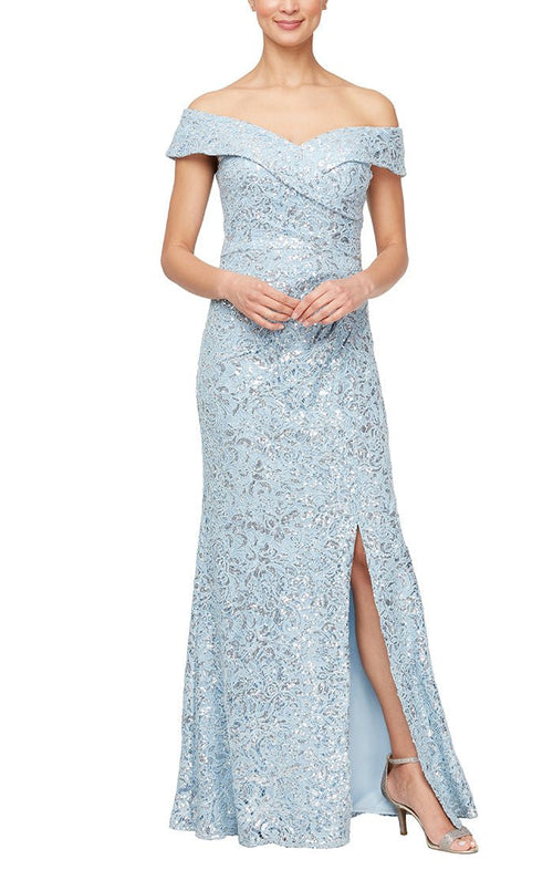Long Off-the-Shoulder Corded Lace Gown with Sequin Detail - alexevenings.com