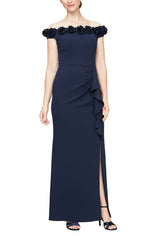 Long Off the Shoulder Dress With 3D Flower Neckline and Front Slit - alexevenings.com