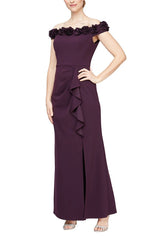 Long Off the Shoulder Dress With 3D Flower Neckline and Front Slit - alexevenings.com