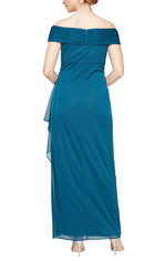 Long Off The Shoulder Dress with Embellished Ruched Neckline and Cascade Detail Skirt - alexevenings.com