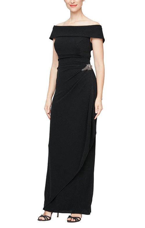 Long Off the Shoulder Dress with Foldover Neckline and Beaded Detail at Hip - alexevenings.com