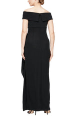 Long Off the Shoulder Dress with Foldover Neckline and Beaded Detail at Hip - alexevenings.com