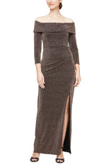 Long Off The Shoulder Dress with Long Sleeves and Front Slit - alexevenings.com