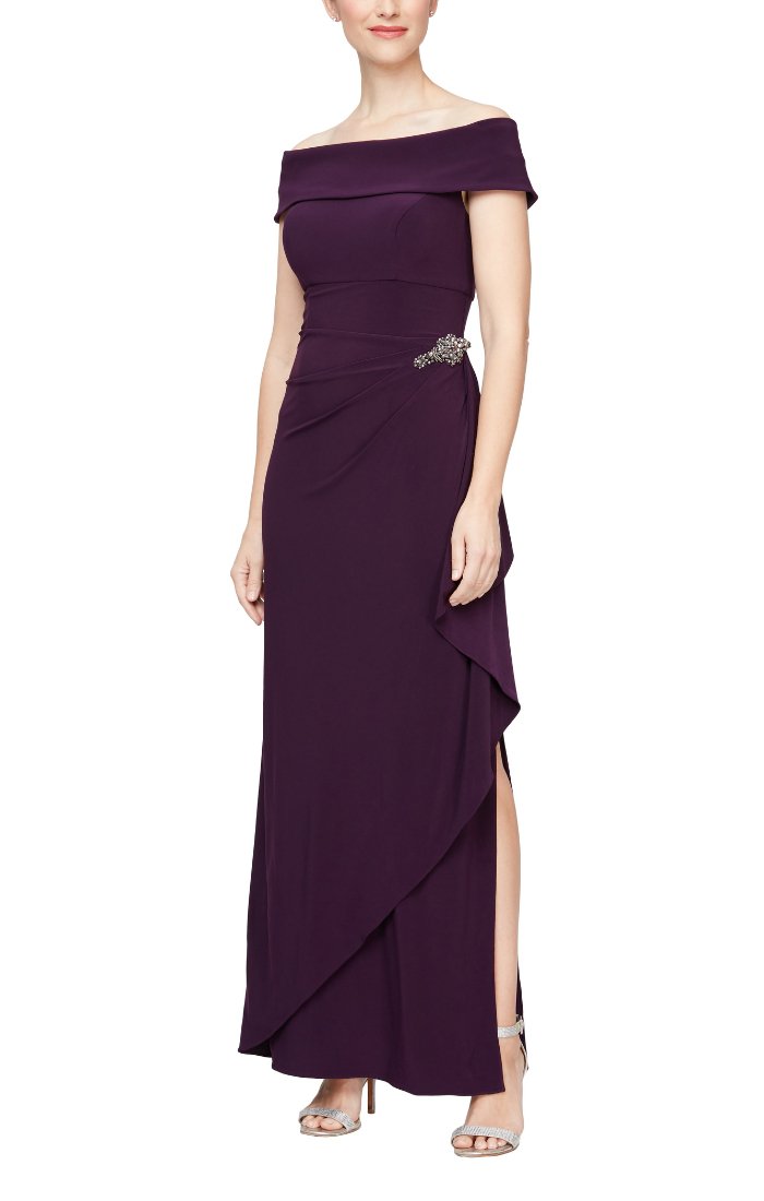 Long Off-the-Shoulder Matte Jersey Dress with Foldover Cuff