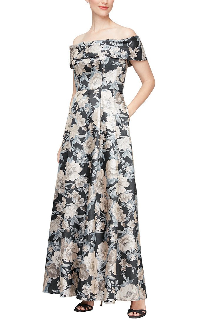 Long Off the Shoulder Printed Ballgown with Pockets - alexevenings.com