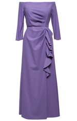 *Long Off the Shoulder Stretch Crepe Dress With Front Cascade Detail Skirt - alexevenings.com
