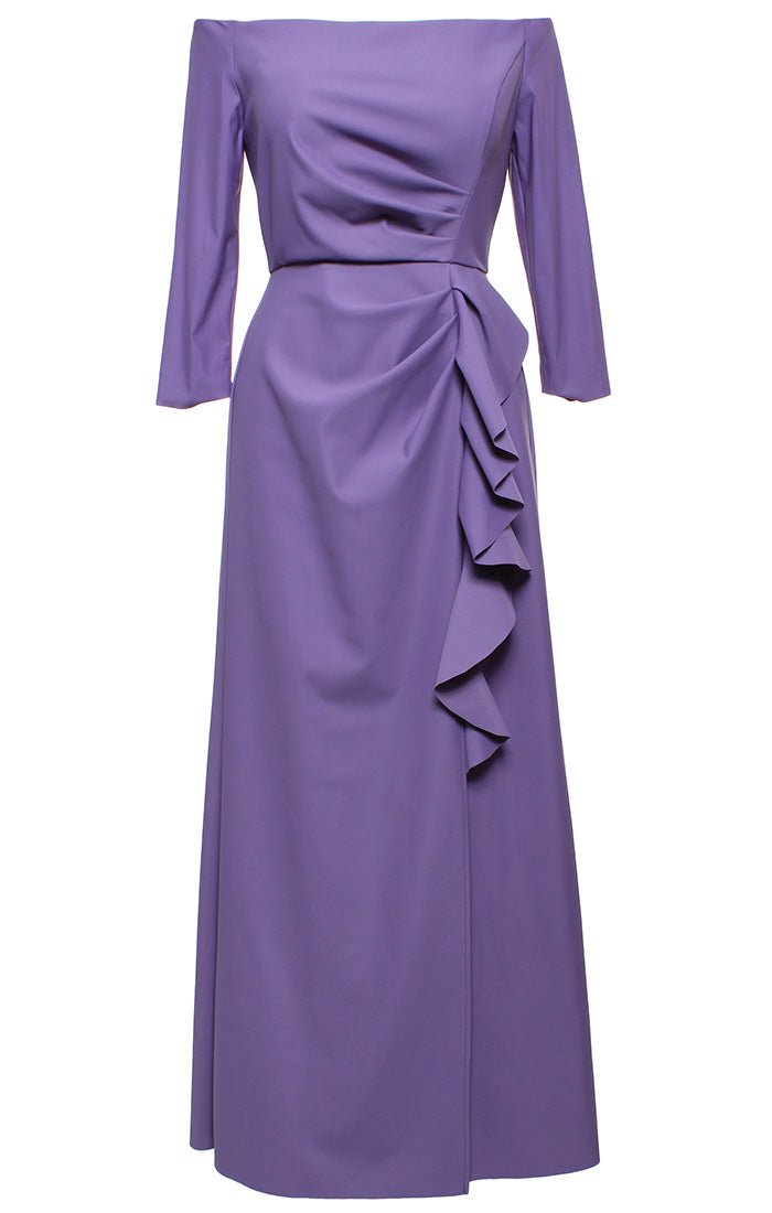 *Long Off the Shoulder Stretch Crepe Dress With Front Cascade Detail Skirt - alexevenings.com