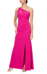 Long One Shoulder Dress with Embellished Strap Detail & Front Slit - alexevenings.com