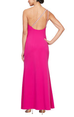 Long One Shoulder Dress with Embellished Strap Detail & Front Slit - alexevenings.com