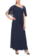 Long Overlay Dress With Asymmetric Overlay Bodice, L-Shaped Neckline and Embellishment at Shoulder - alexevenings.com