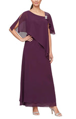 Long Overlay Dress With Asymmetric Overlay Bodice, L-Shaped Neckline and Embellishment at Shoulder - alexevenings.com
