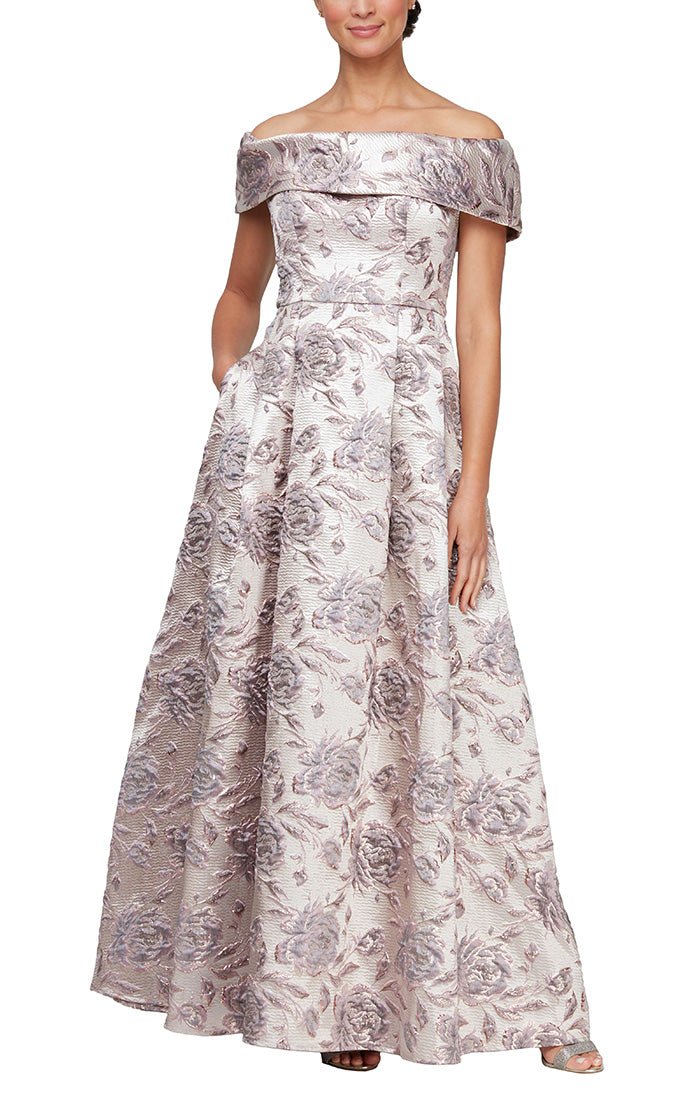 Long Printed Off the Shoulder Ballgown with Pockets - alexevenings.com