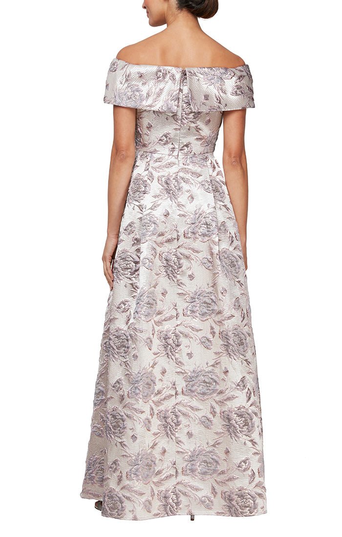 Long Printed Off the Shoulder Ballgown with Pockets - alexevenings.com
