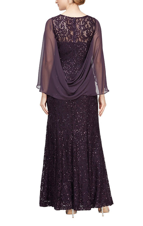 Long Sequin Lace V-Neck Gown with Attached Chiffon Cape with Draped Back - alexevenings.com