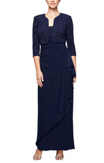 Long Side Ruched Glitter Jacquard Knit & Matte Jersey Gown with Bolero Jacket - alexevenings.com