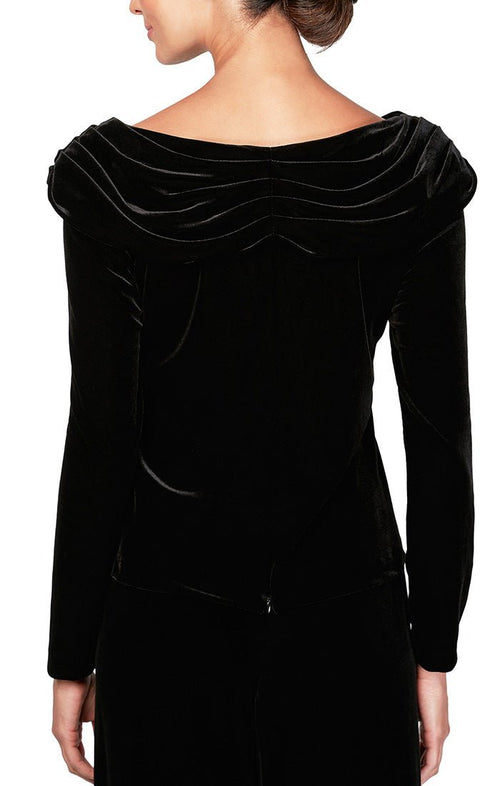 Long Sleeve Velvet Blouse with Ruched Collar Neckline & Decorative Broach - alexevenings.com