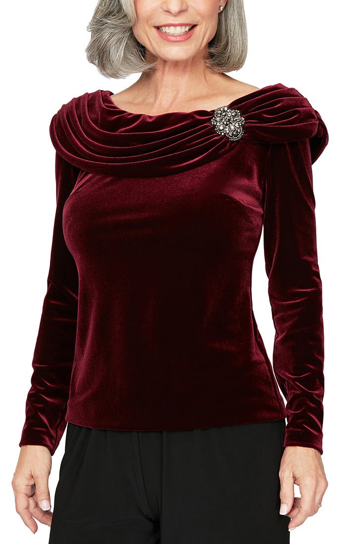 Long Sleeve Velvet Blouse with Ruched Collar Neckline & Decorative Broach - alexevenings.com
