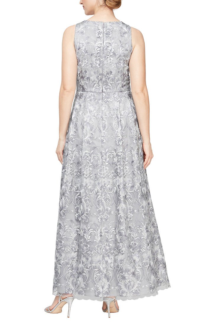 Long Sleeveless A-Line Embroidered Dress with Shawl - alexevenings.com