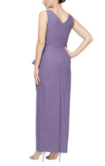 Long Sleeveless Compression Sheath Gown with Surplice Neckline, Cascade Detail Skirt and Beaded Detail at Hip - alexevenings.com