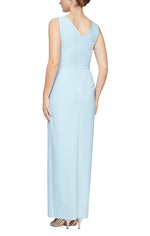 Long Sleeveless Compression Sheath Gown with Surplice Neckline, Cascade Detail Skirt and Beaded Detail at Hip - alexevenings.com