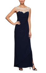 Long Sleeveless Crepe Side Ruched Dress with Sweetheart Embroidered Lace Illusion Neckline & Side Slit - alexevenings.com