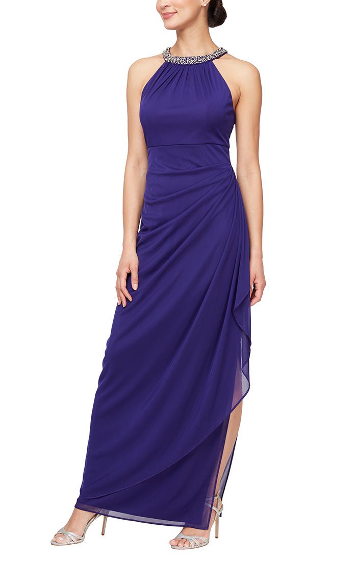 Long Sleeveless Dress with Beaded Halter Style Neckline &Cascade Ruffle Detail Skirt - alexevenings.com