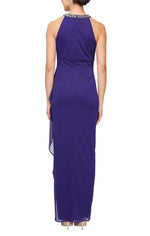 Long Sleeveless Dress with Beaded Halter Style Neckline &Cascade Ruffle Detail Skirt - alexevenings.com