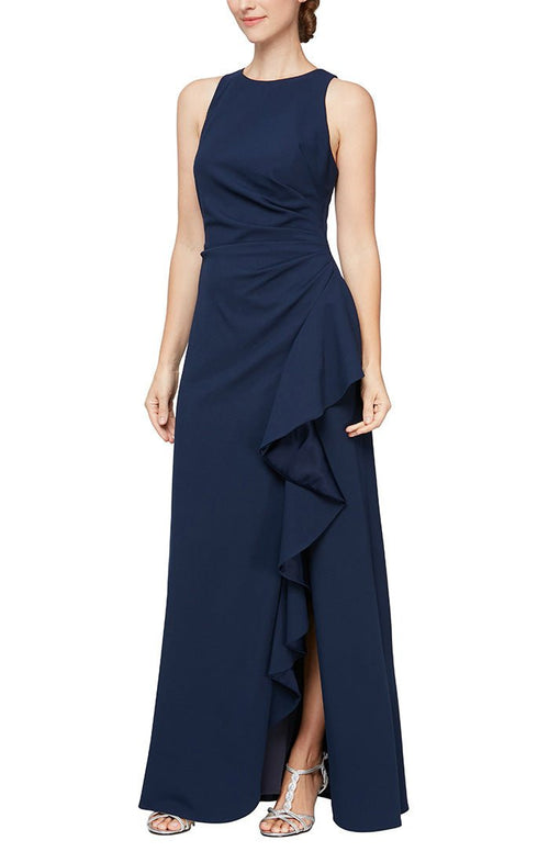 Long Sleeveless Dress With Cascade Ruffle Skirt Detail and Cutaway Neckline - alexevenings.com