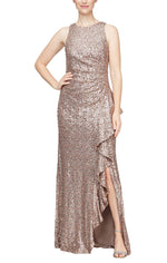 Long Sleeveless Dress with Ruched Waist and Cascade Ruffle Detail Skirt - alexevenings.com