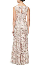 Long Sleeveless Embroidered Dress with V-Neckline, Sequin Detail & Shawl - alexevenings.com