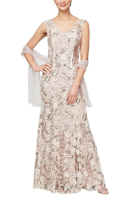 Long Sleeveless Embroidered Dress with V-Neckline, Sequin Detail & Shawl - alexevenings.com