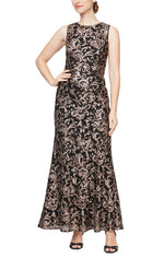 Long Sleeveless Fit and Flare Dress with Illusion Neckline - alexevenings.com